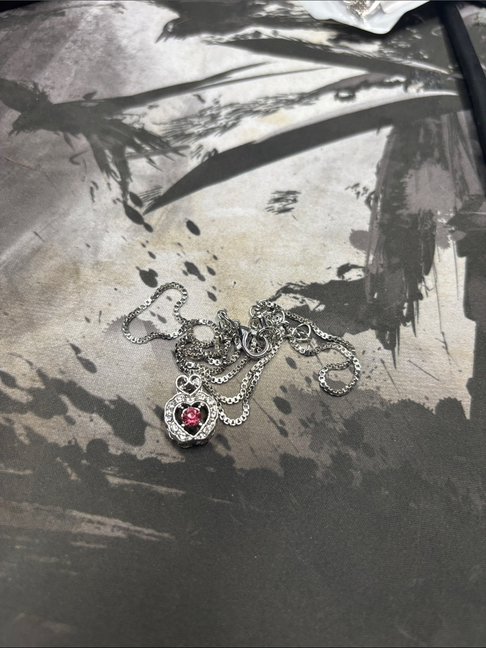 Silver Heart Pendant Necklace with Pink Center Stone